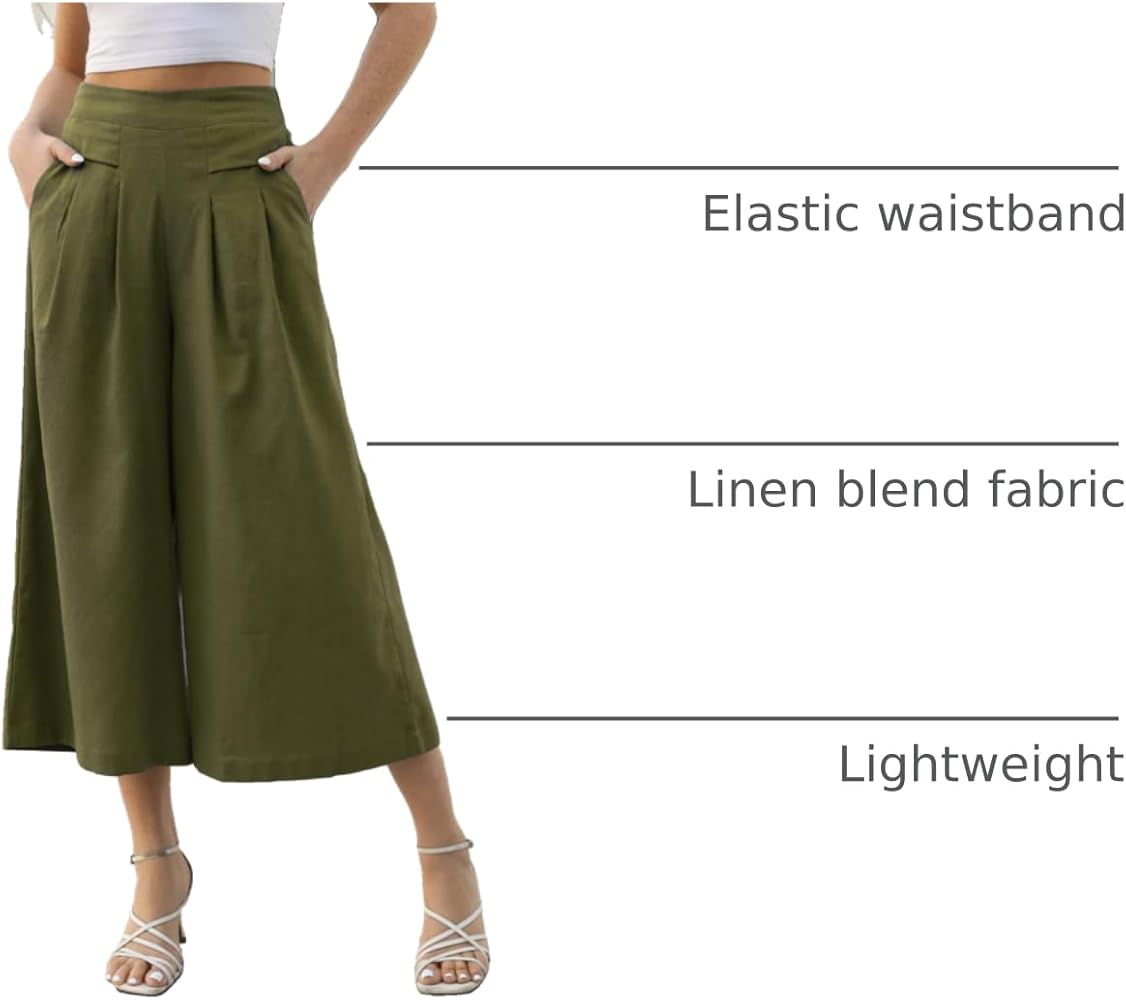 Gihuo Women' s Culottes Linen Blend Wide Leg Pants Elastic